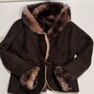 Women's Dark Brown Shearling-Trim Suede Jacket